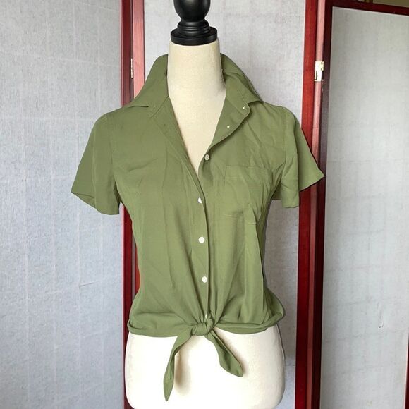 J. Crew Mercantile Green Button Down Tie Up Short Sleeve Shirt (NWT) - Picture 4 of 11